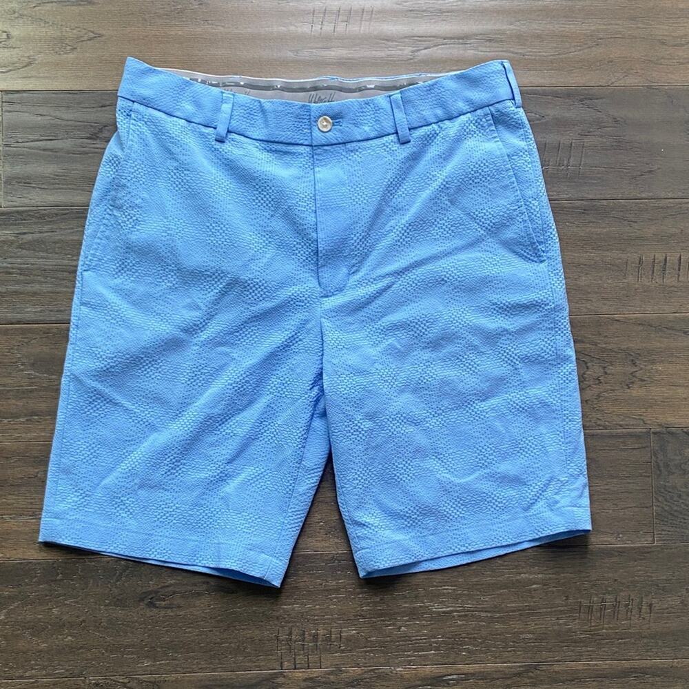 Walter Hagen Golf Flat Front Shorts Mens Sz 35 Carolina Blue Monochromatic Plaid